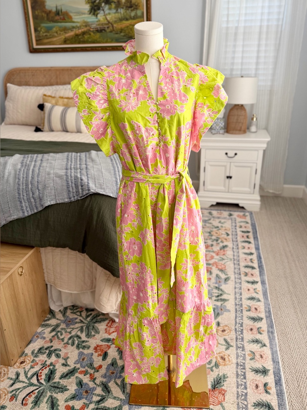 Floral Ruffled Collar Midi Dress M